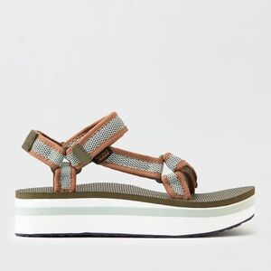 Teva Women's Platform Sandals in Brown and Olive/Sage Green Webbed Straps